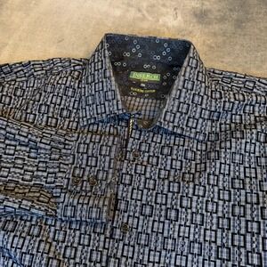 Inserch Icon Blue Black Geometric Flocking Cotton Button Down Shirt Mens XXL 2XL